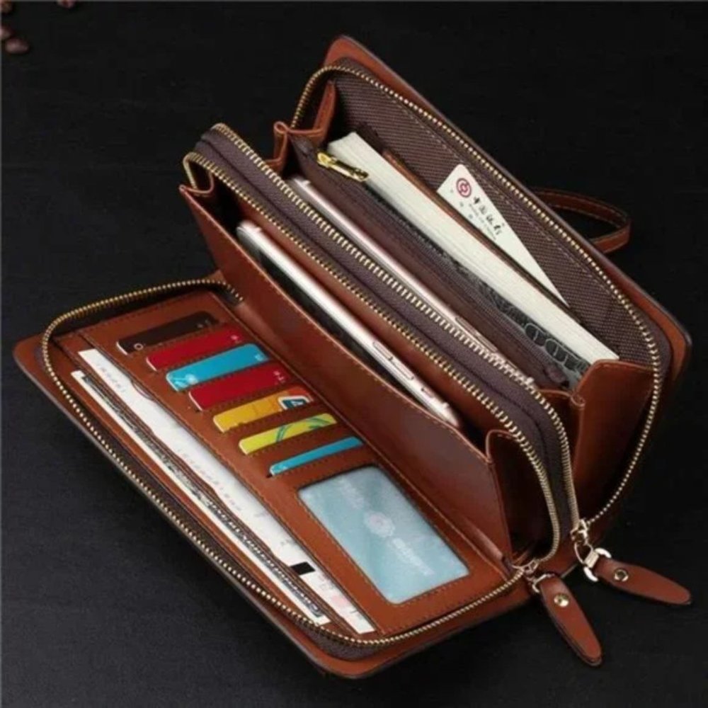 New Mens Large Long Leather Clutch Hand Bag Black - Picture 3 of 4